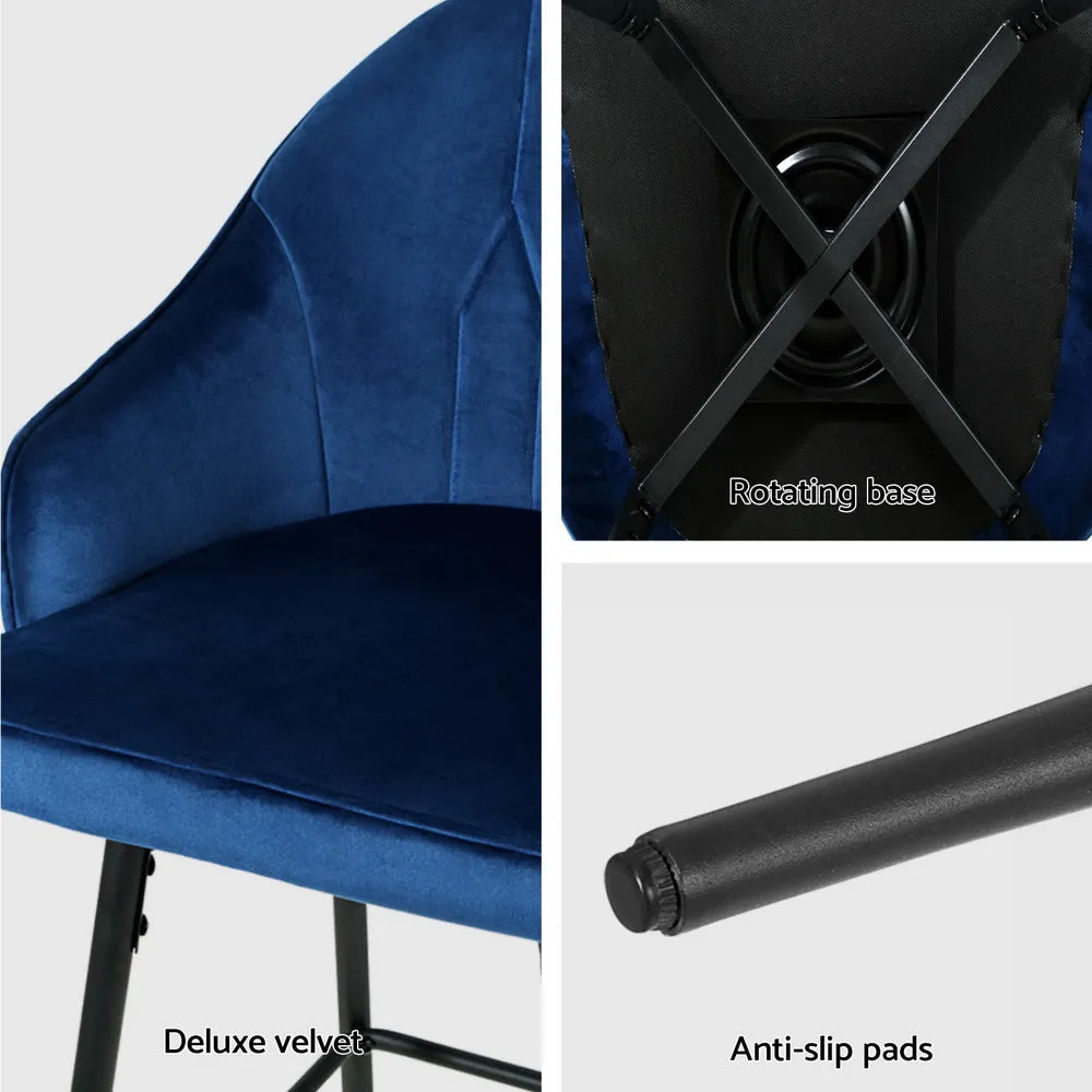 4x Bar Stools | Velvet Swivel | Metal Legs | Blue Finish