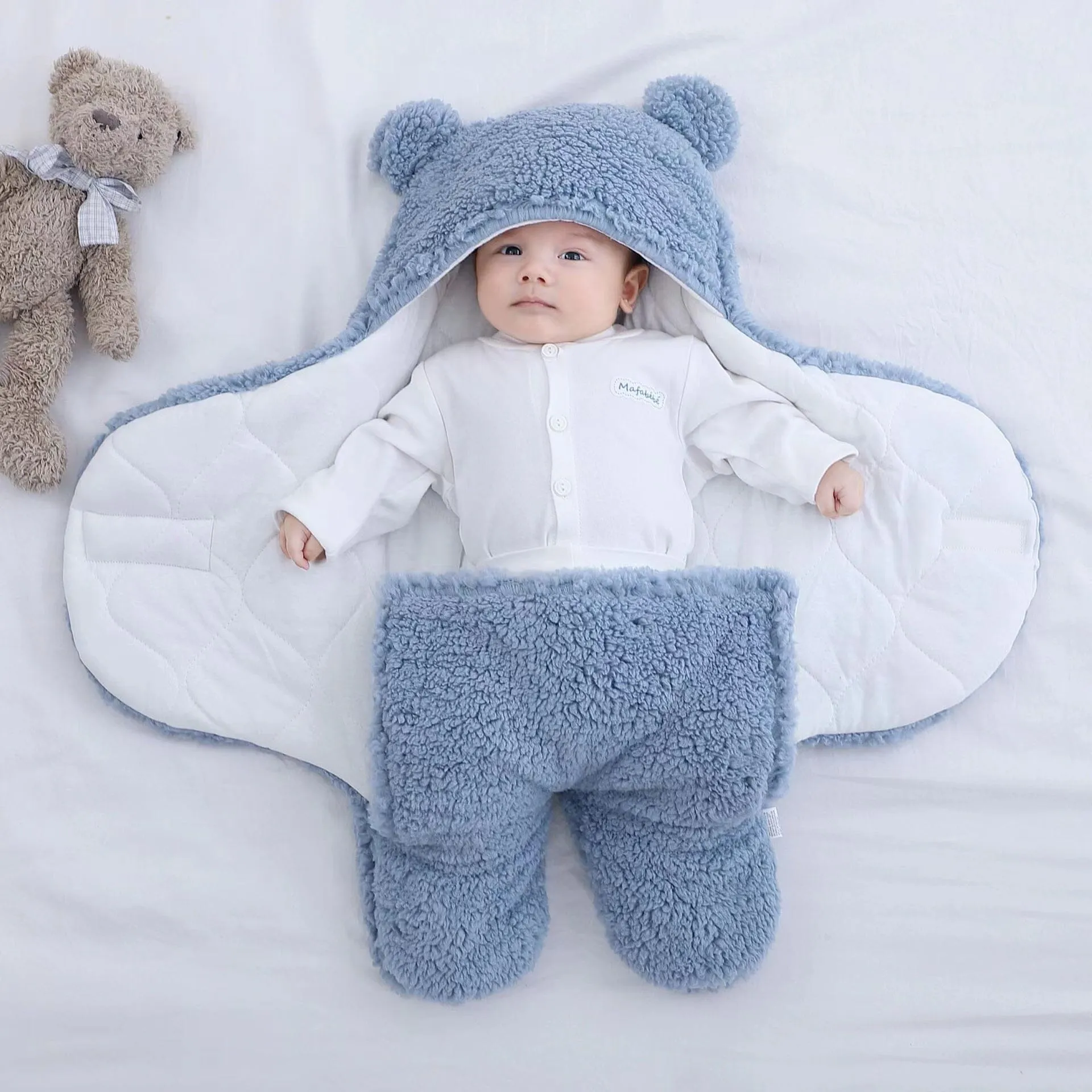 Bear Ears Winter Quilted Plush Baby Swaddle