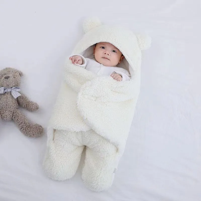 Bear Ears Winter Quilted Plush Baby Swaddle