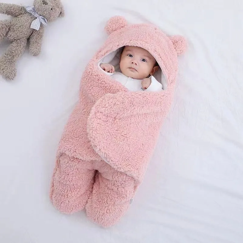 Bear Ears Winter Quilted Plush Baby Swaddle