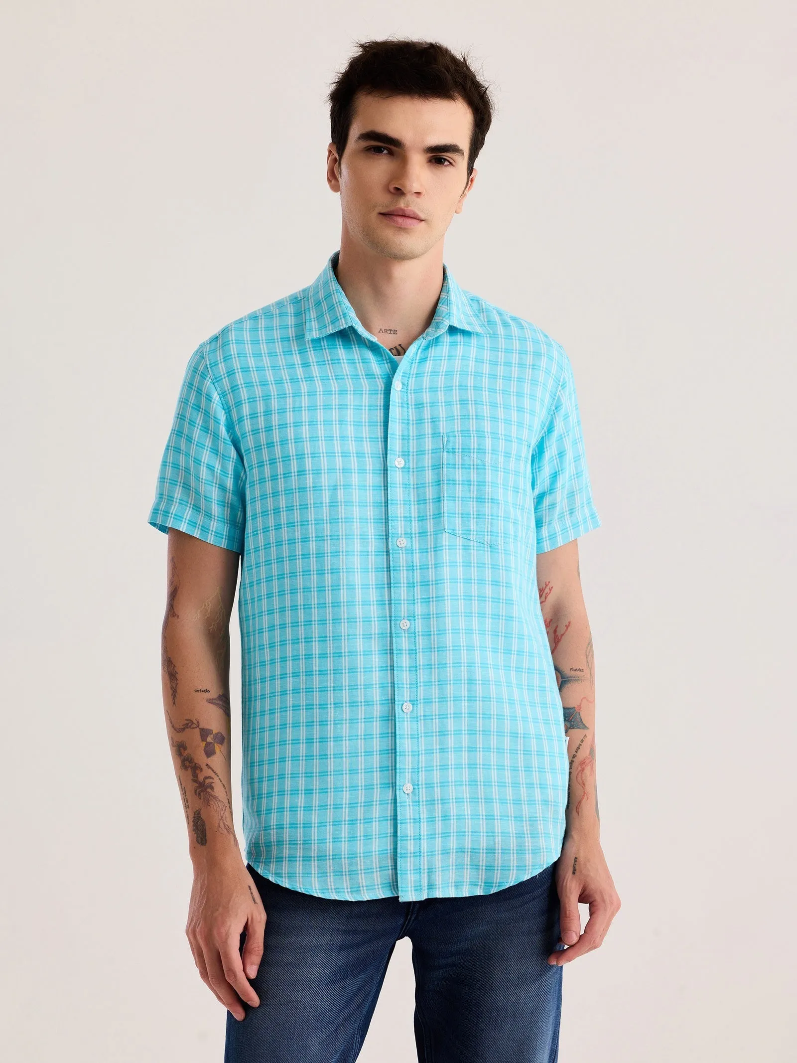 Blue Checked Linen Shirt