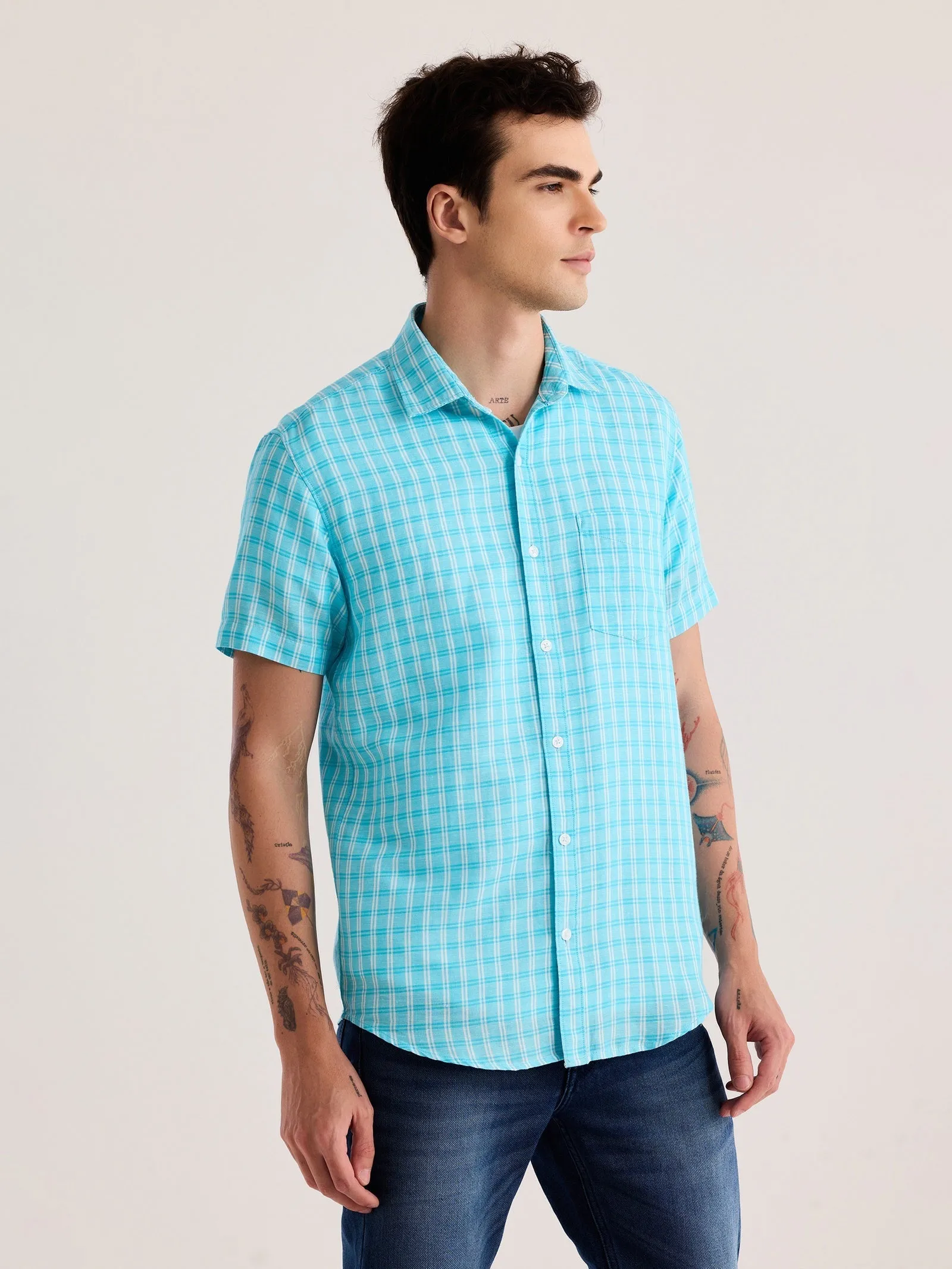 Blue Checked Linen Shirt