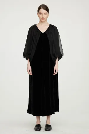 Casette Mesh Sleeve V-Neck Elegant Velvet Dress