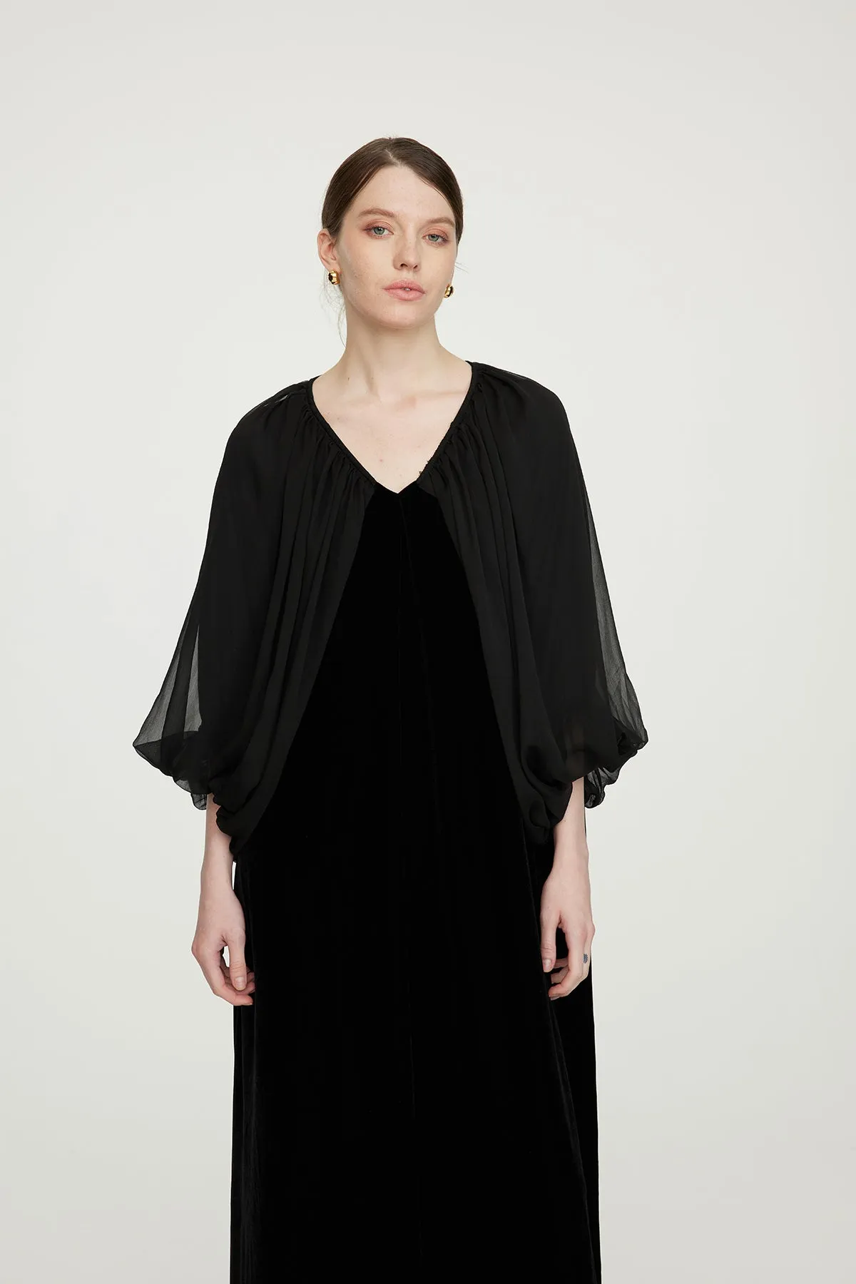 Casette Mesh Sleeve V-Neck Elegant Velvet Dress