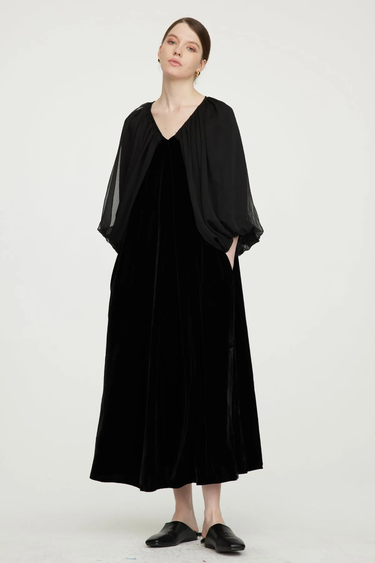 Casette Mesh Sleeve V-Neck Elegant Velvet Dress