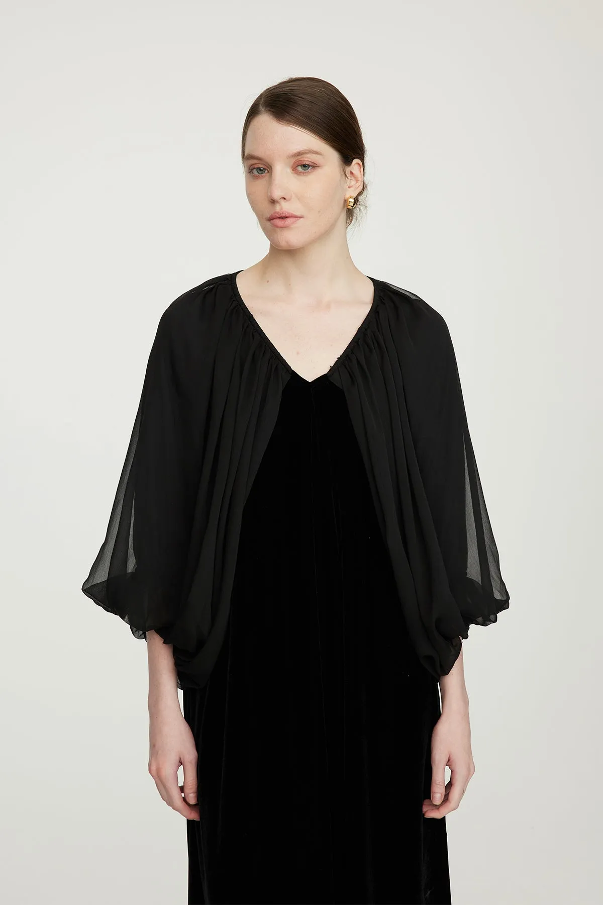 Casette Mesh Sleeve V-Neck Elegant Velvet Dress