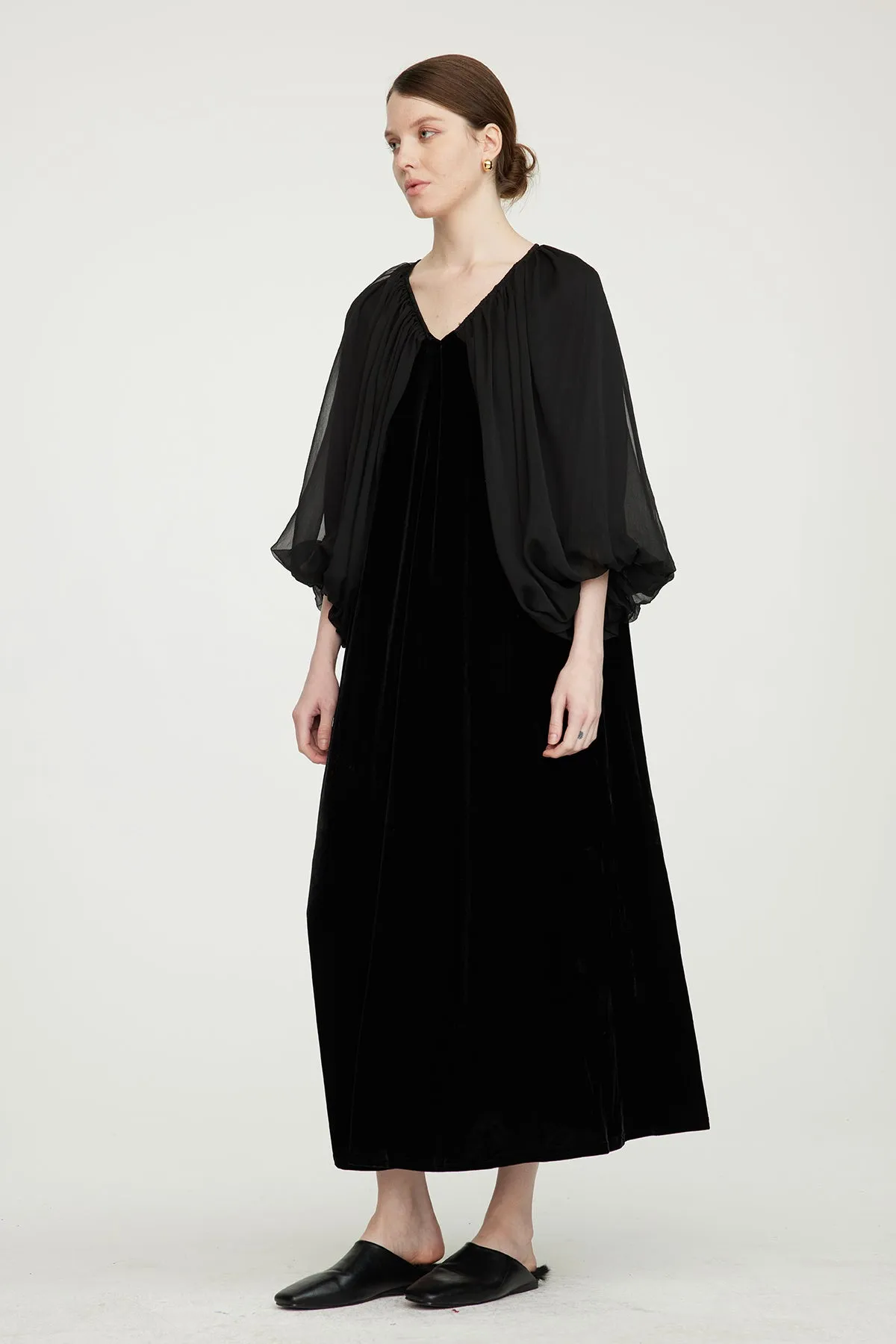 Casette Mesh Sleeve V-Neck Elegant Velvet Dress