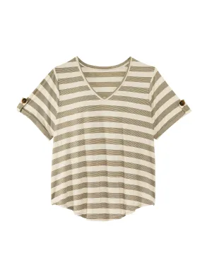 Corina V-neck Button Sleeve Tee | Olive Green / White