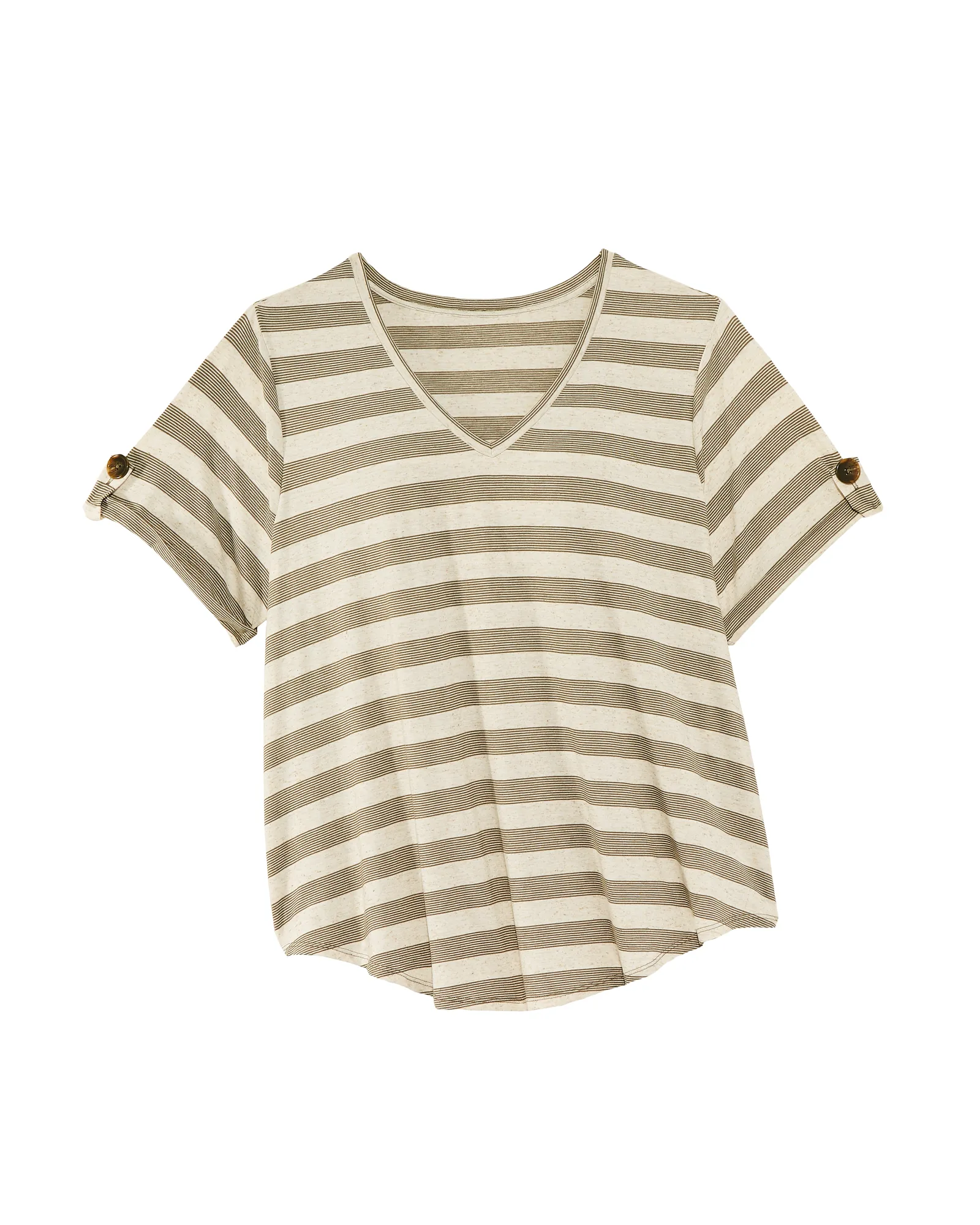 Corina V-neck Button Sleeve Tee | Olive Green / White