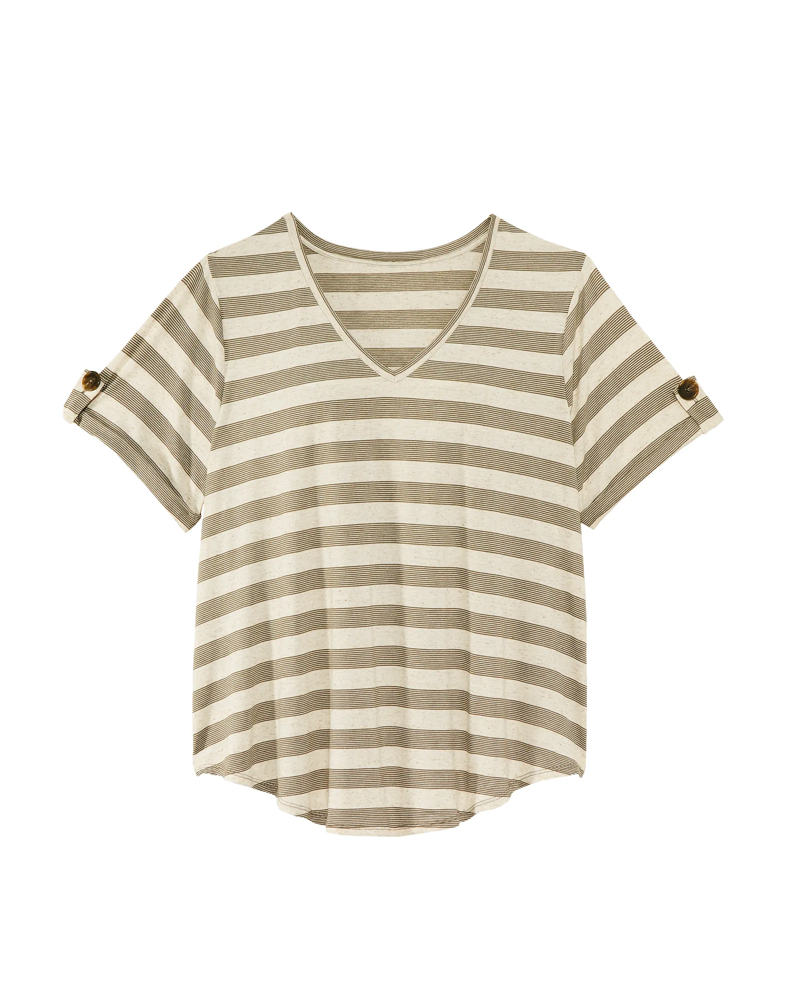 Corina V-neck Button Sleeve Tee | Olive Green / White