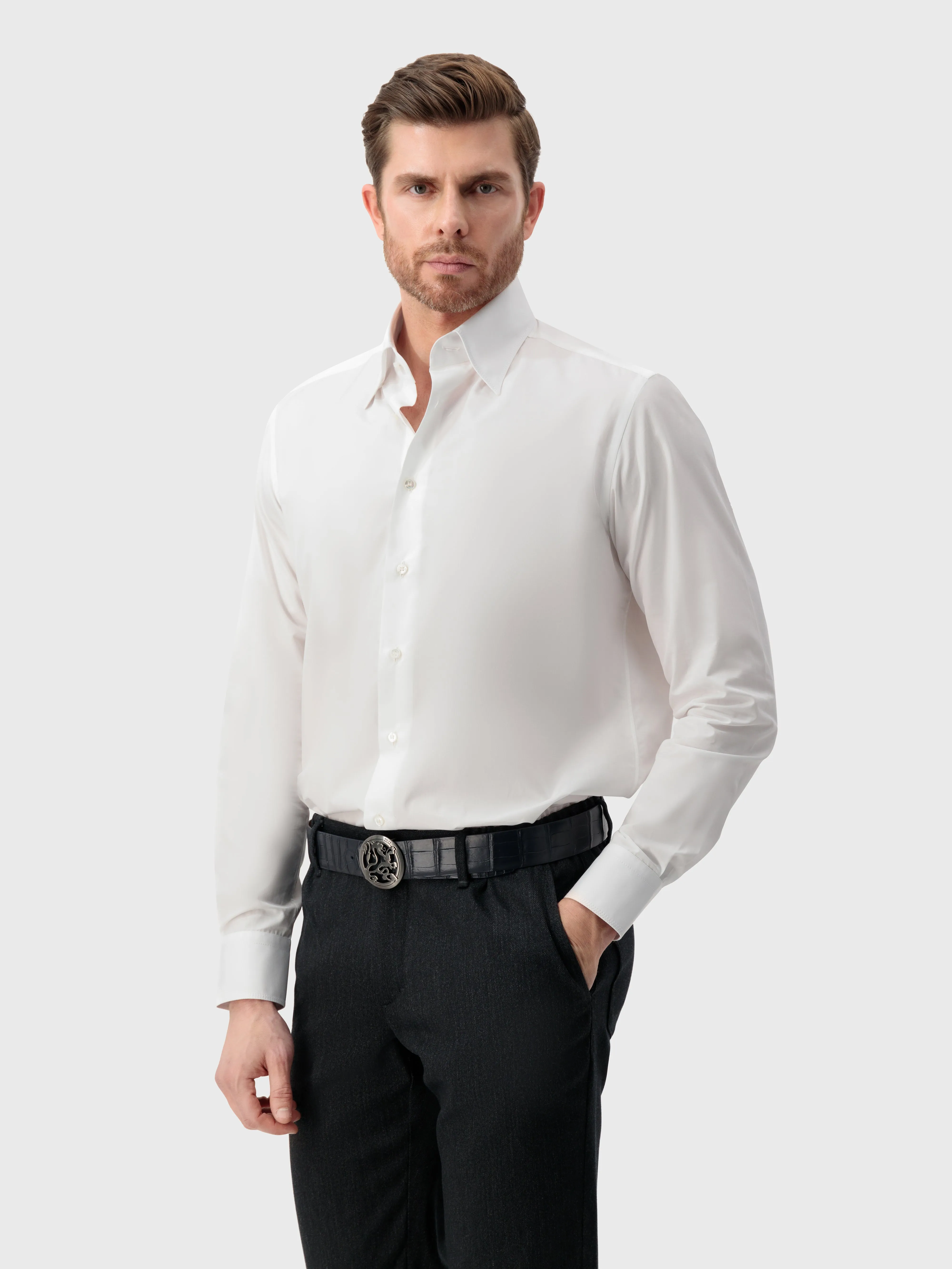 Cotton Shirt with Triple Stitching White