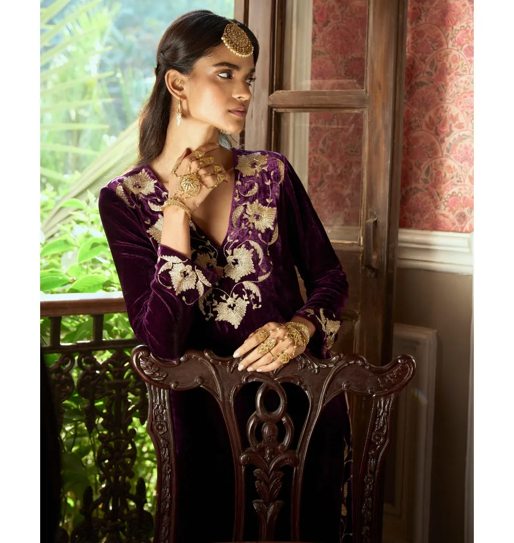 Deep Purple Embroidered Velvet Kurta Set