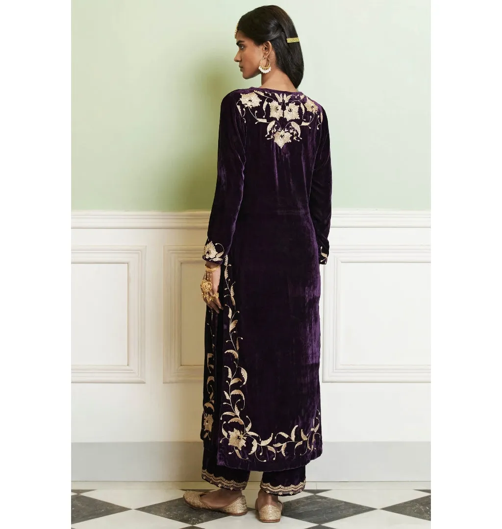 Deep Purple Embroidered Velvet Kurta Set