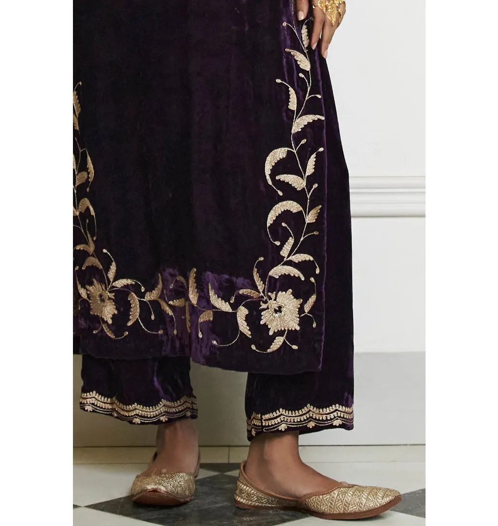 Deep Purple Embroidered Velvet Kurta Set