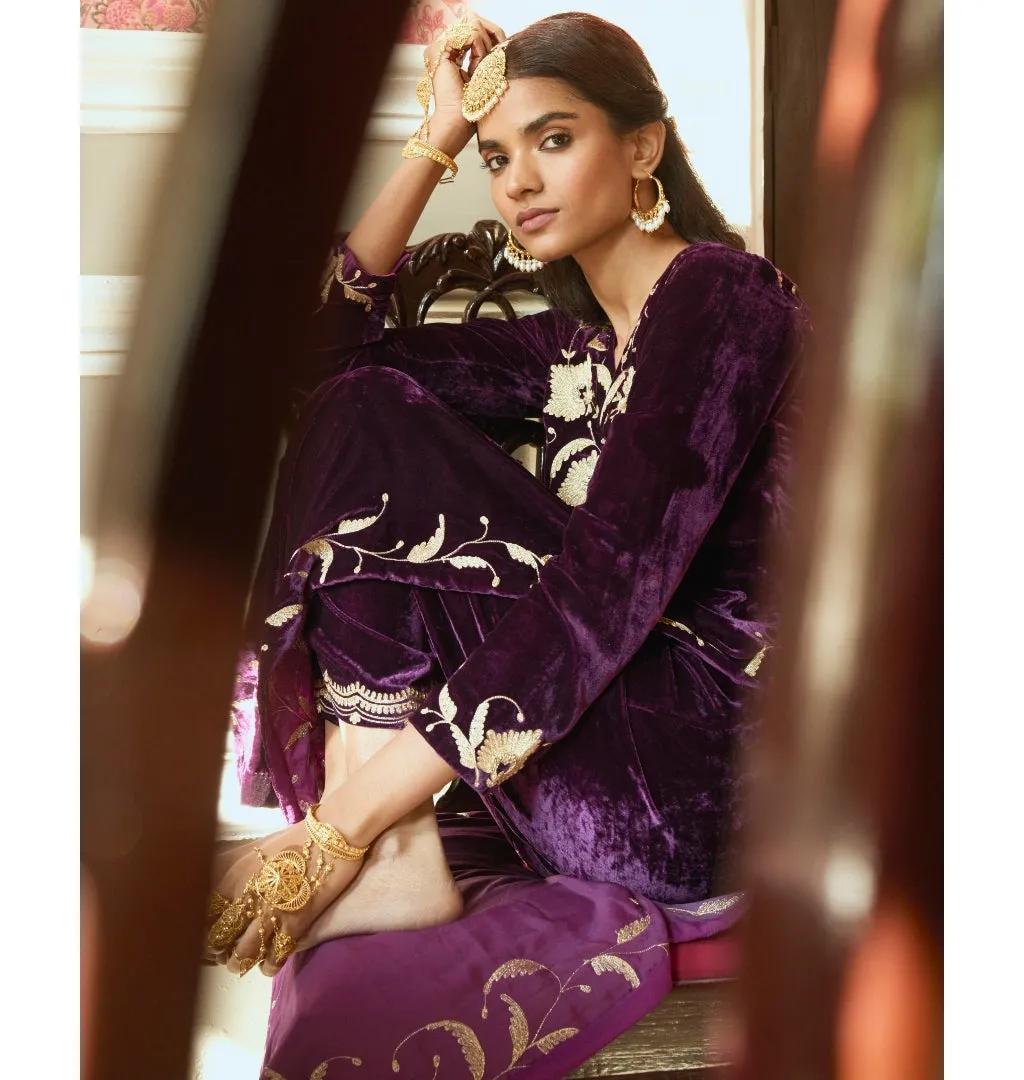Deep Purple Embroidered Velvet Kurta Set