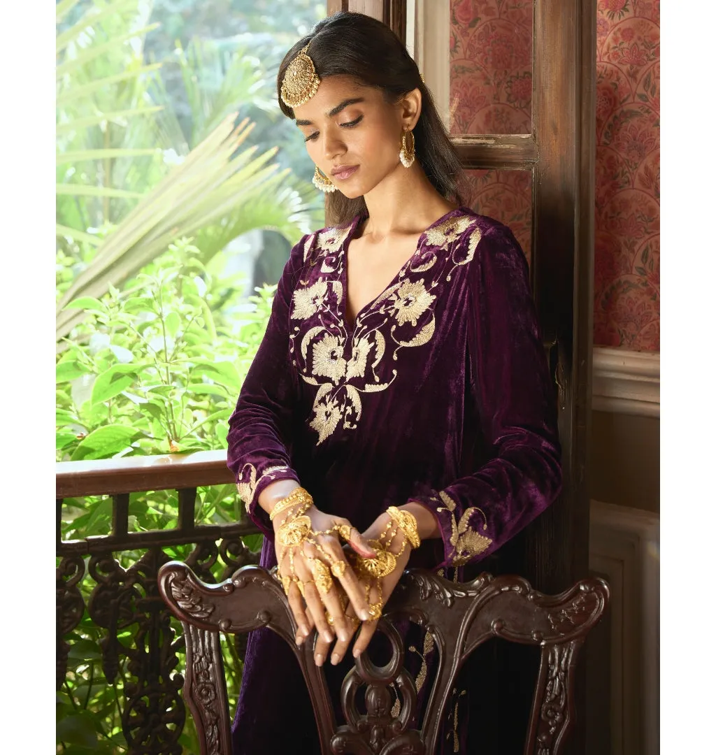 Deep Purple Embroidered Velvet Kurta Set