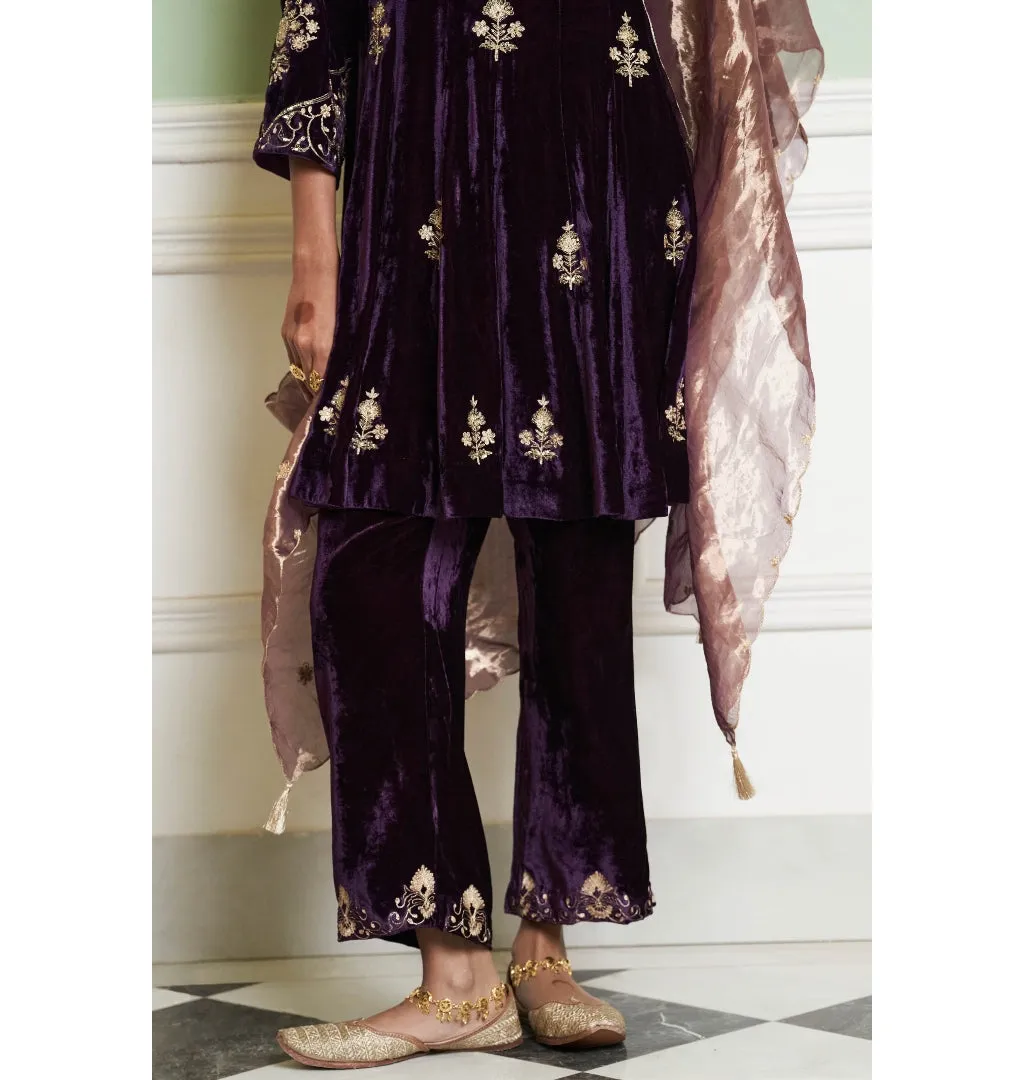 Deep Purple Embroidered Velvet Short Kalidar Kurta Set