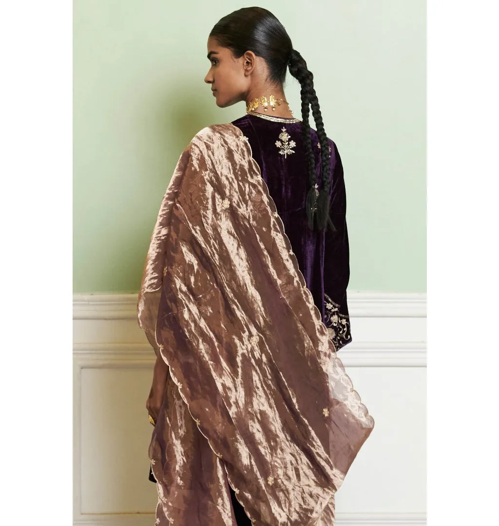 Deep Purple Embroidered Velvet Short Kalidar Kurta Set