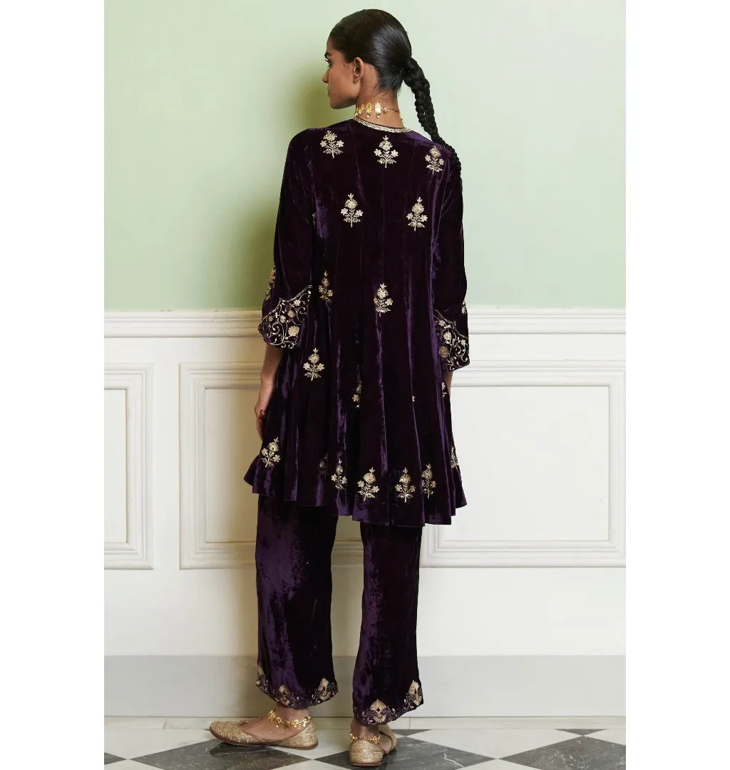 Deep Purple Embroidered Velvet Short Kalidar Kurta Set