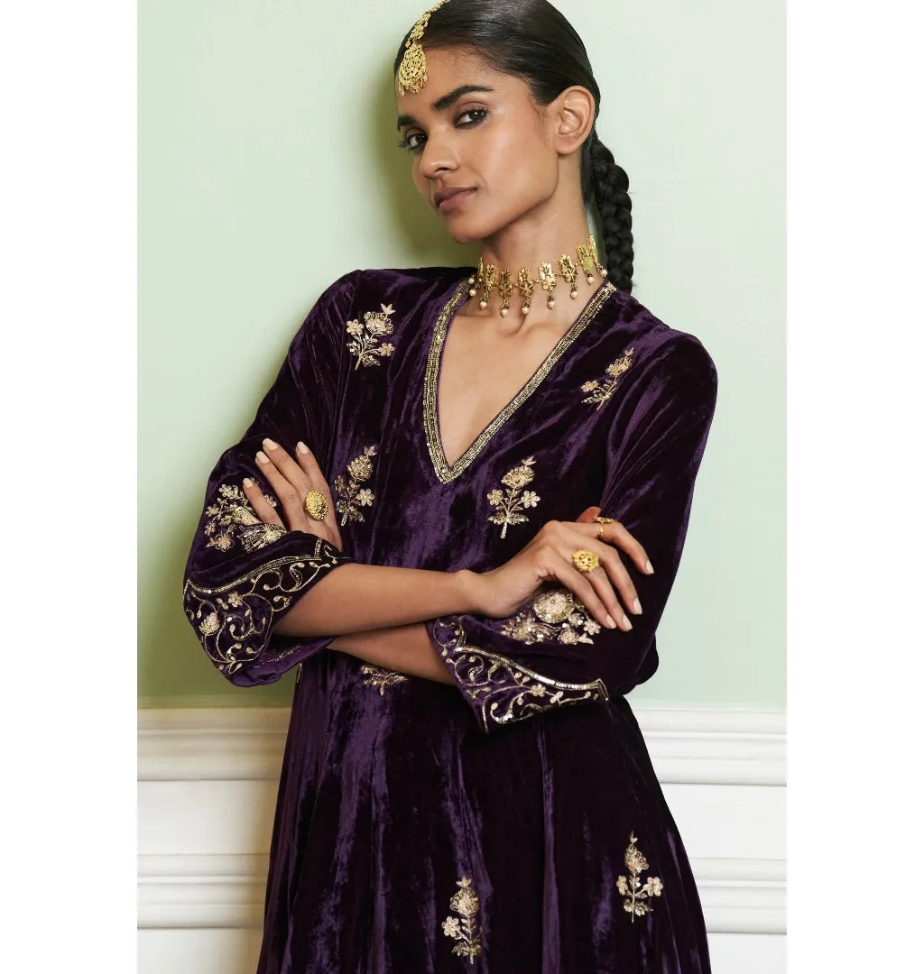 Deep Purple Embroidered Velvet Short Kalidar Kurta Set