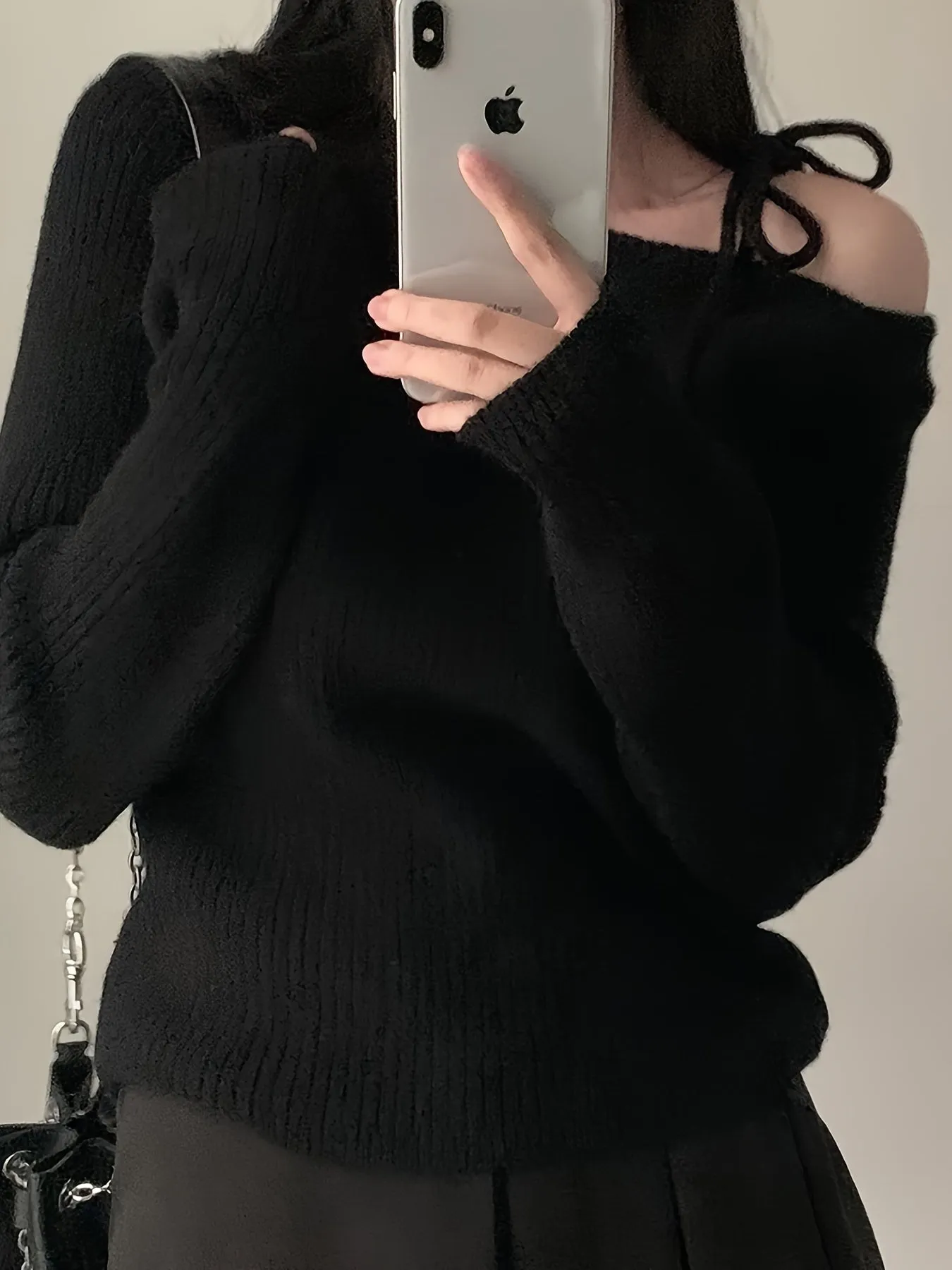 Elegant Y2K Style Off-the-Shoulder Sweater with Drawstring Shoulder Straps, Long Sleeve, H-Fit, Knitted Polyester, Casual Solid Color Pullover Sweater for Women - Spring/Fall Collection
