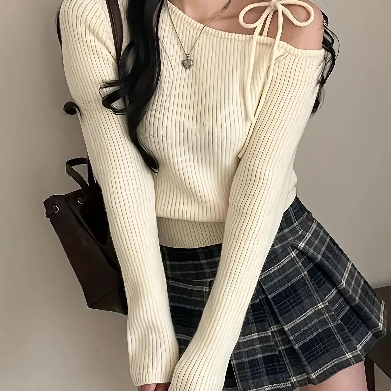 Elegant Y2K Style Off-the-Shoulder Sweater with Drawstring Shoulder Straps, Long Sleeve, H-Fit, Knitted Polyester, Casual Solid Color Pullover Sweater for Women - Spring/Fall Collection