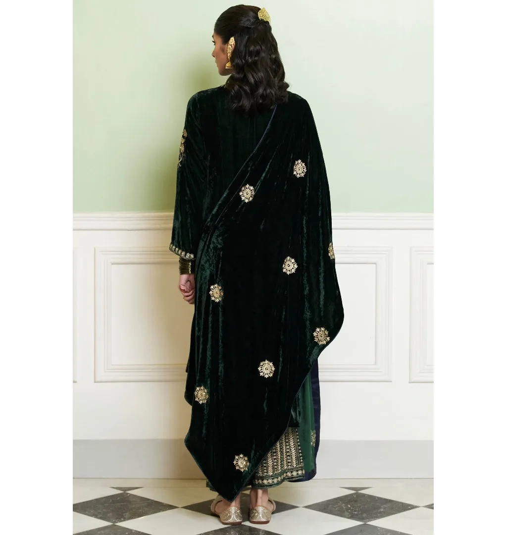 Emerald Green Embroidered Velvet Kurta Set