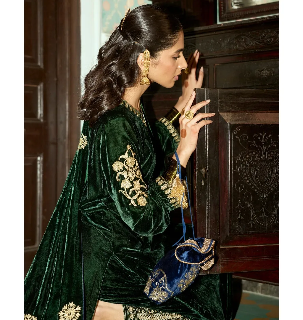 Emerald Green Embroidered Velvet Kurta Set