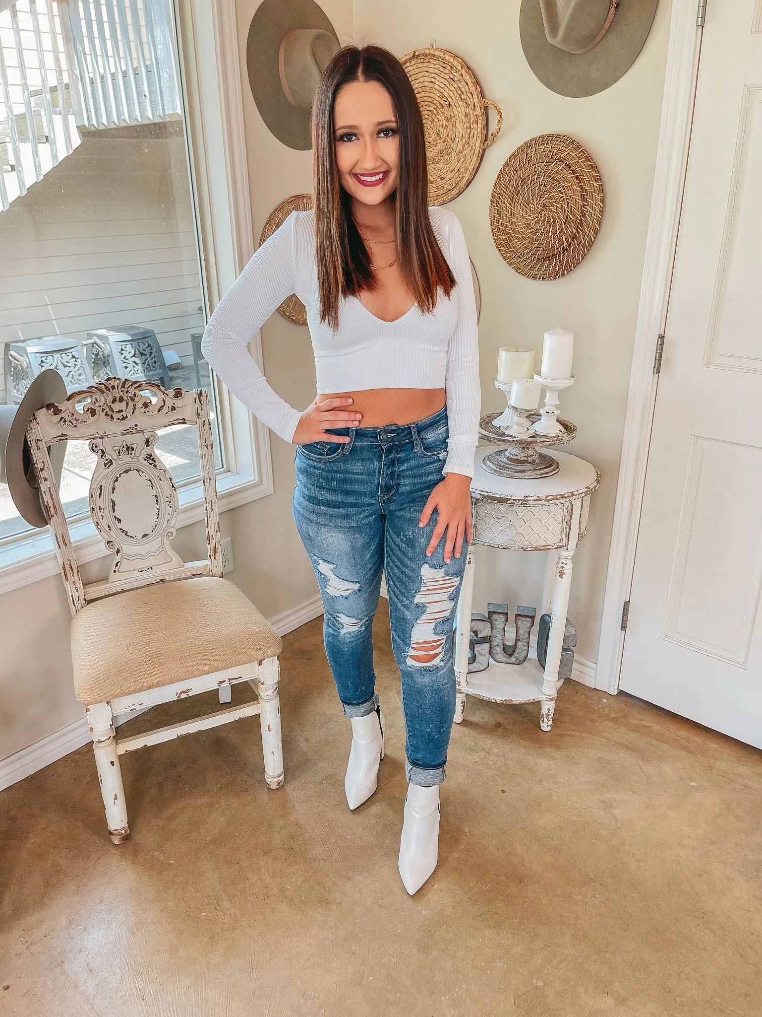 Flirty Phase Deep V Neck Long Sleeve Crop Top in White
