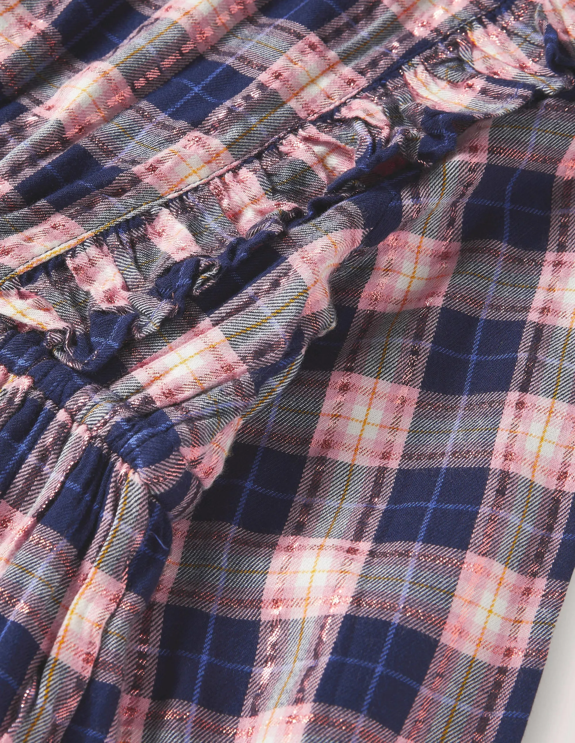 Frill Tiered Long-sleeve Dress-College Navy/Gold Check