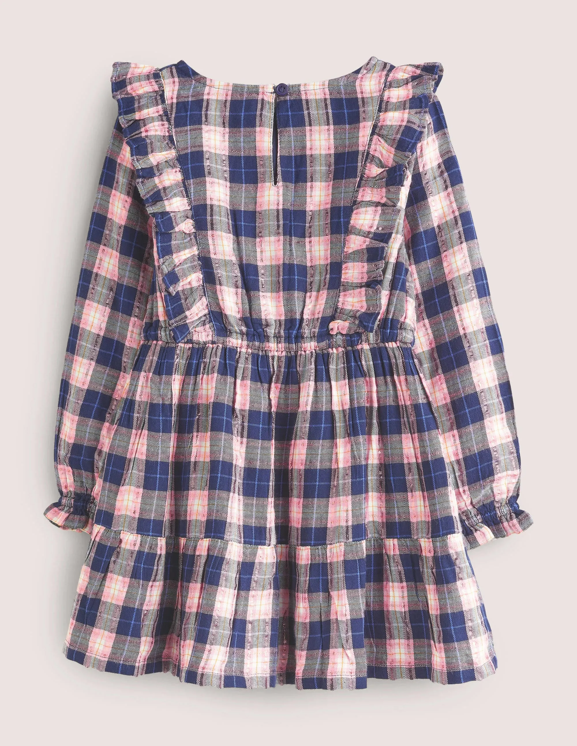 Frill Tiered Long-sleeve Dress-College Navy/Gold Check