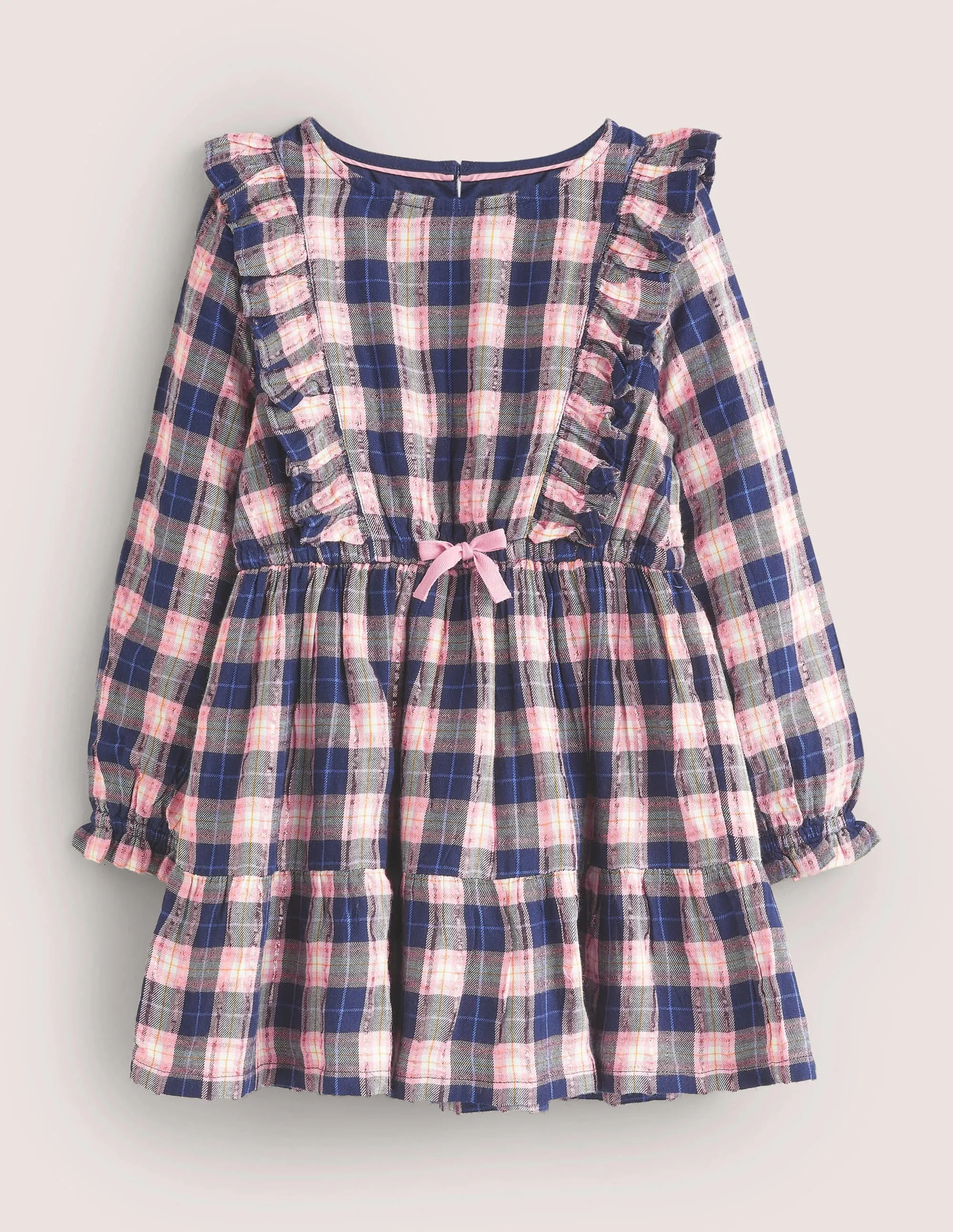 Frill Tiered Long-sleeve Dress-College Navy/Gold Check