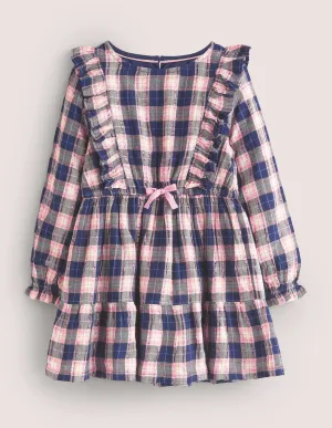 Frill Tiered Long-sleeve Dress-College Navy/Gold Check