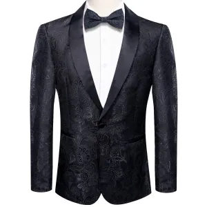 Hi-Tie Black Shawl Collar Black Floral Blazer Bowtie Suit Set