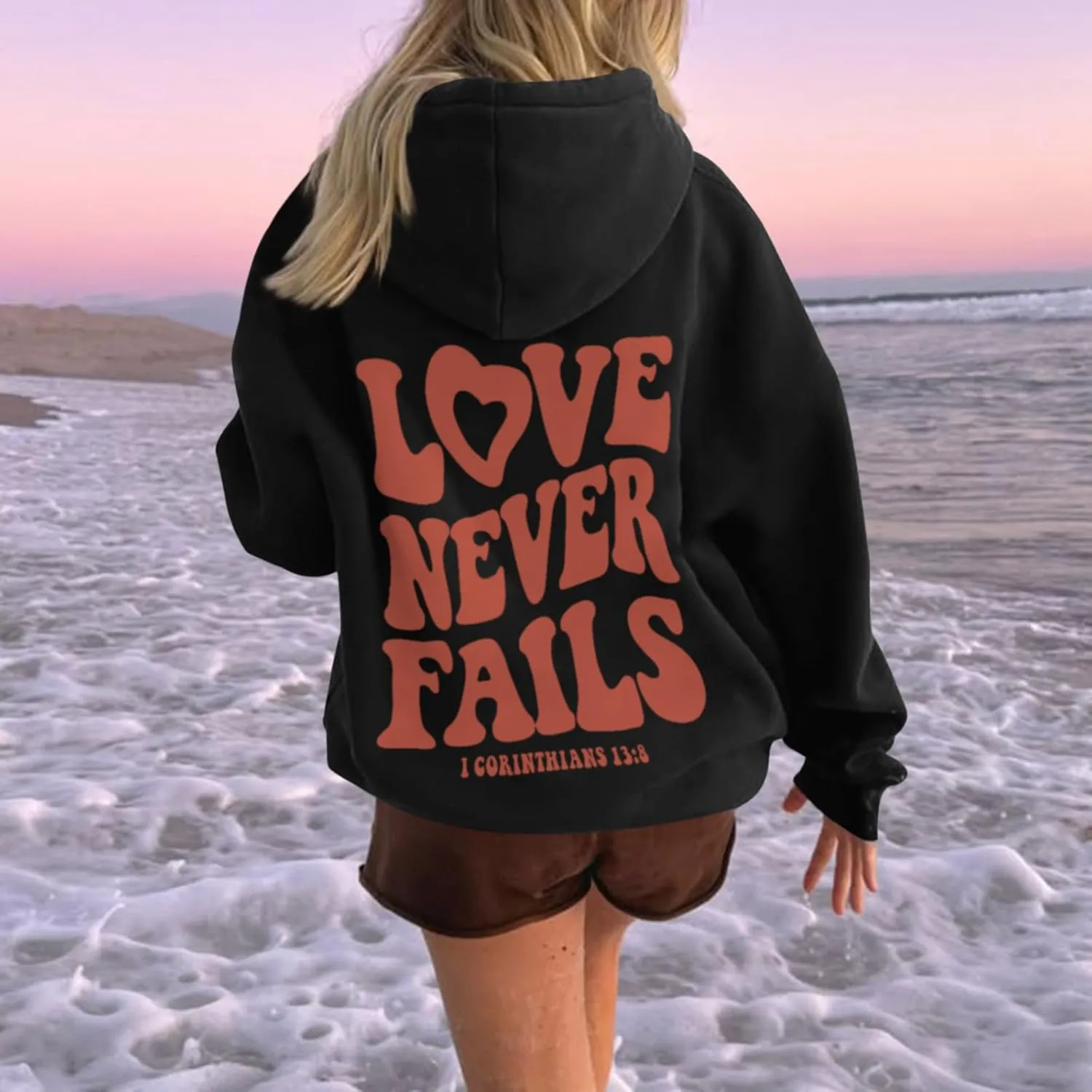 KIEKIECOO Graphic Hoodies With Designs for Teen Girls Aesthetic Cute Oversized Fall Sweatshirts Love Never Fails for Women