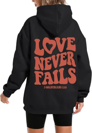 KIEKIECOO Graphic Hoodies With Designs for Teen Girls Aesthetic Cute Oversized Fall Sweatshirts Love Never Fails for Women