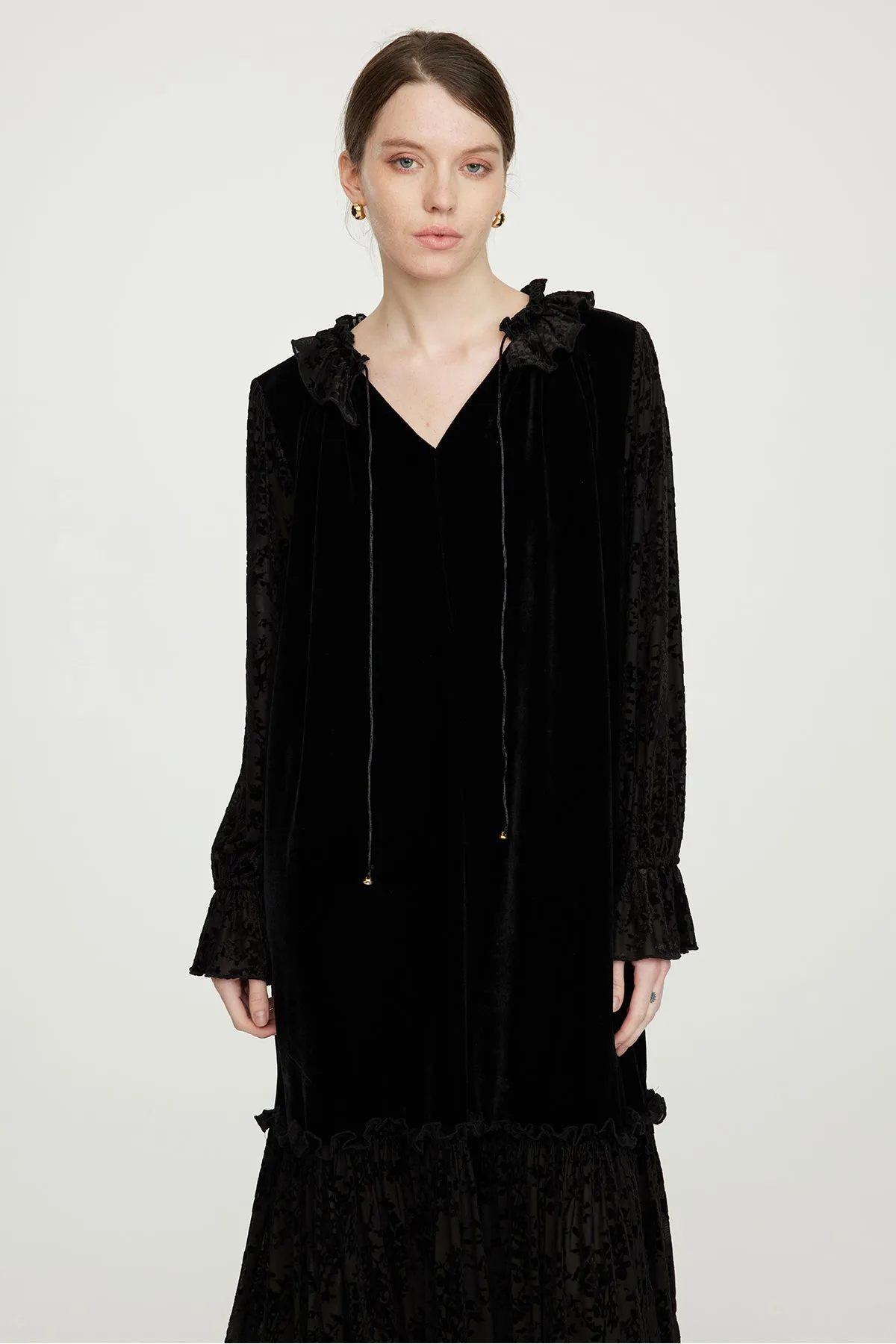 Lace Splice Cozy Elegant Long Sleeve Velvet Dress