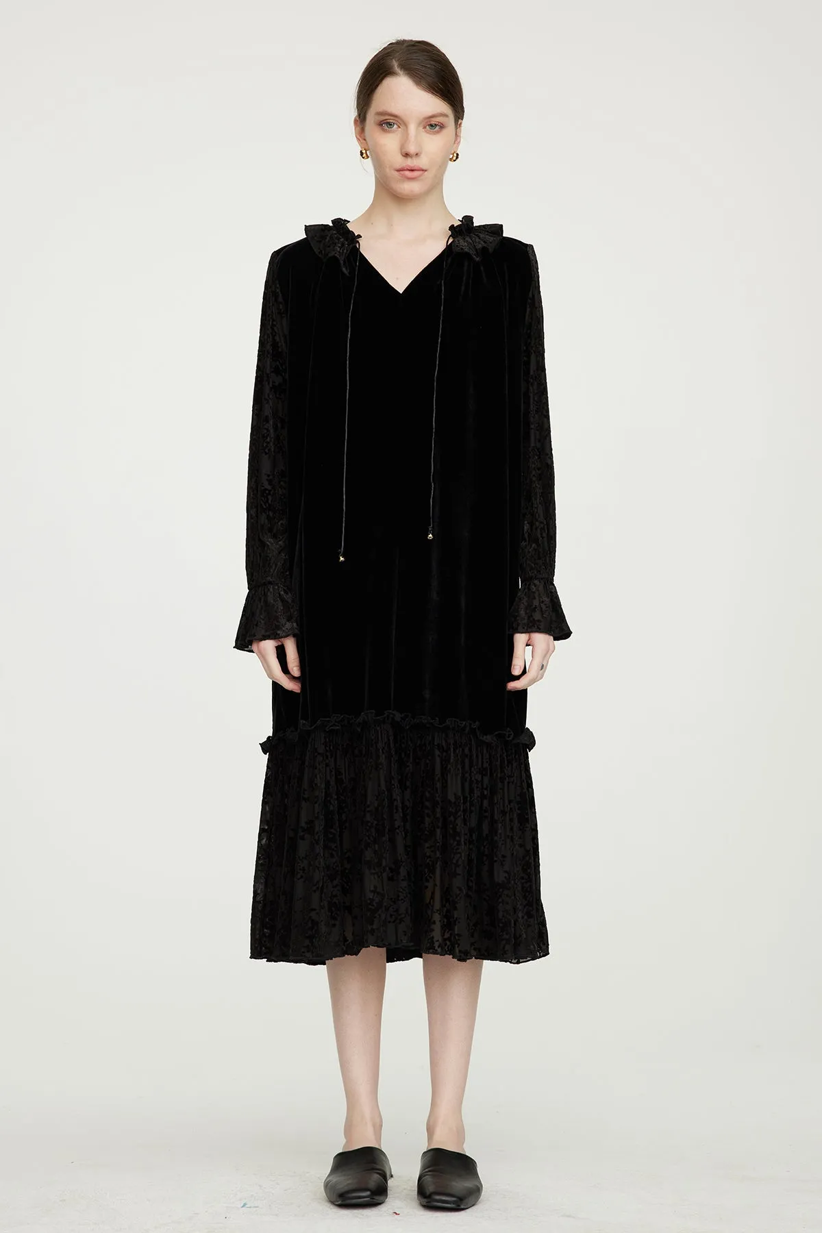 Lace Splice Cozy Elegant Long Sleeve Velvet Dress