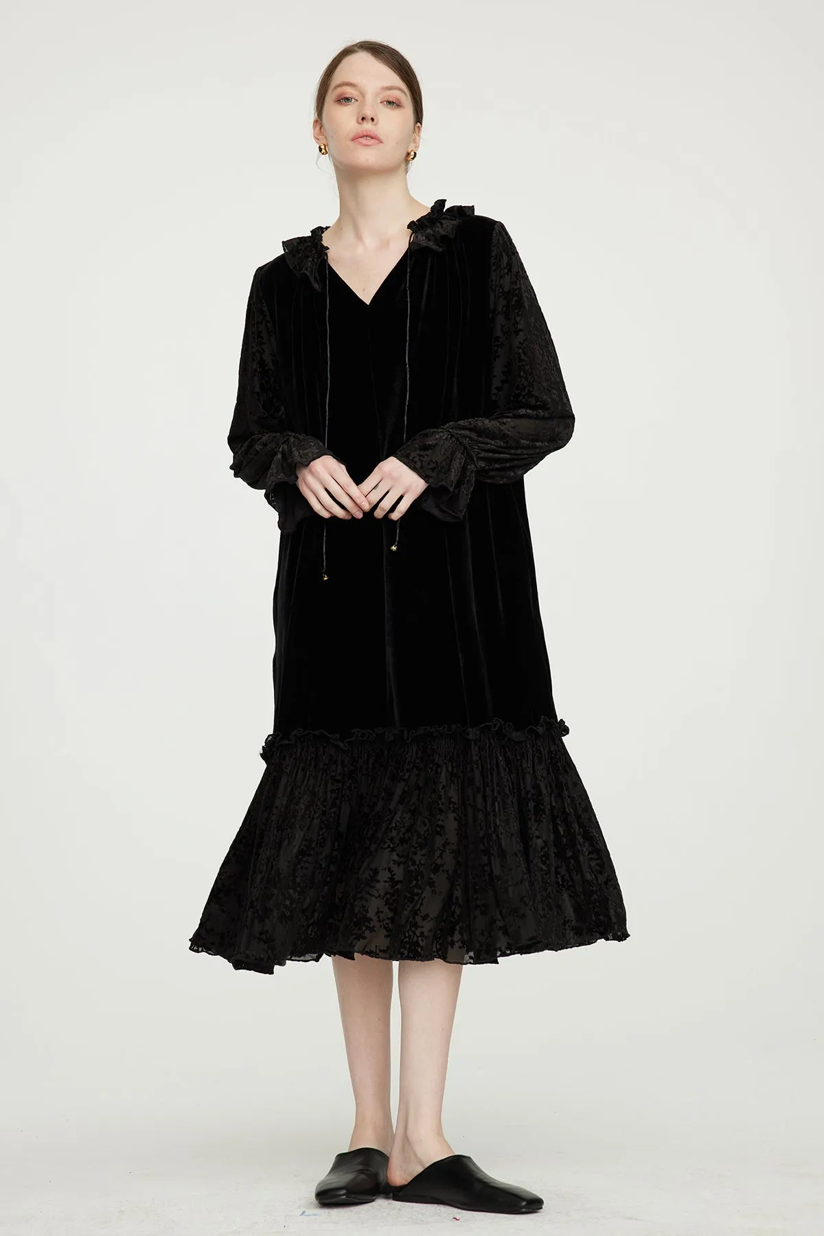 Lace Splice Cozy Elegant Long Sleeve Velvet Dress