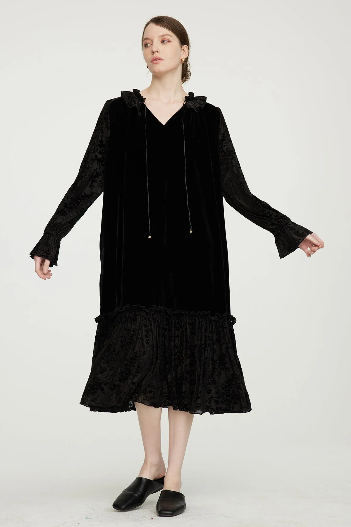 Lace Splice Cozy Elegant Long Sleeve Velvet Dress
