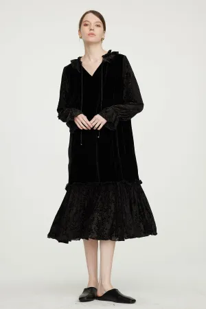 Lace Splice Cozy Elegant Long Sleeve Velvet Dress