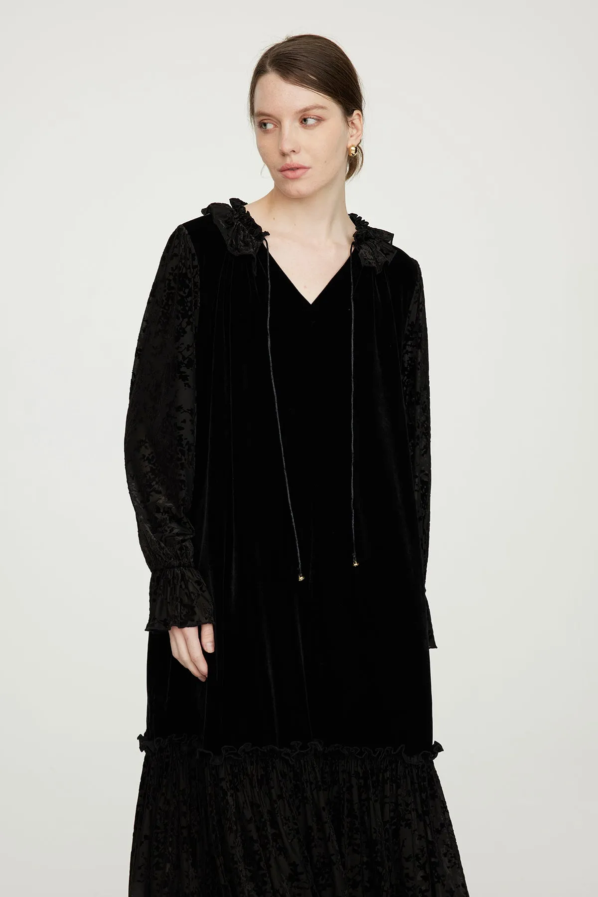 Lace Splice Cozy Elegant Long Sleeve Velvet Dress