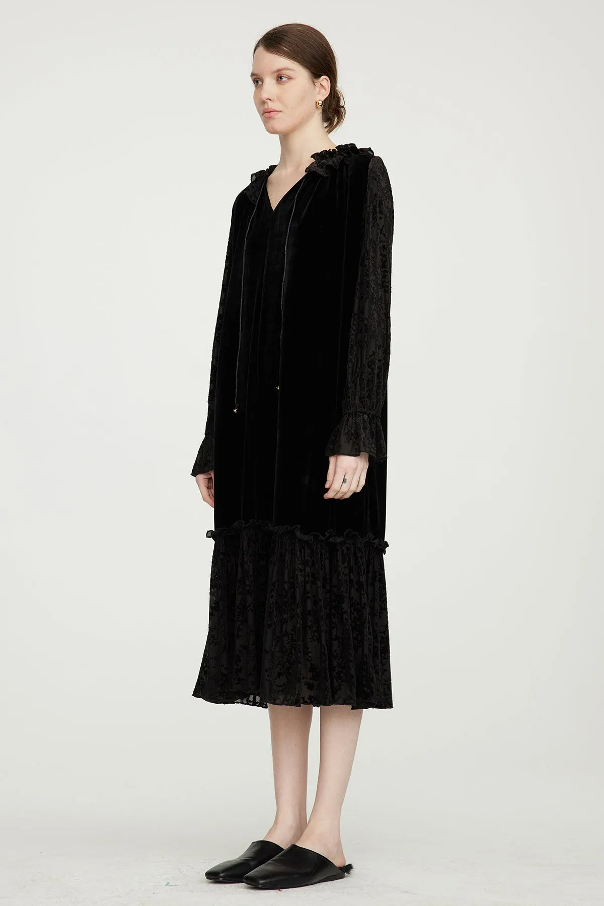 Lace Splice Cozy Elegant Long Sleeve Velvet Dress