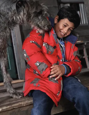 Longline Padded Jacket-Rockabilly Red Bears