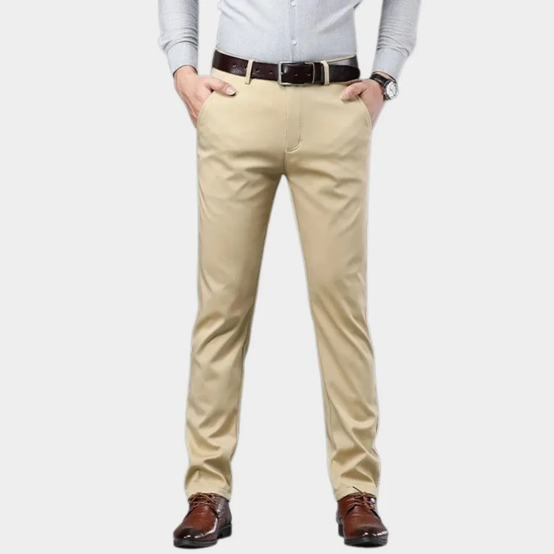 Mens Winter Fleece-Lined Cotton Pants - Thicker Warm Business Casual Straight Elastic Trousers, Light Khaki, Dark Khaki, and More