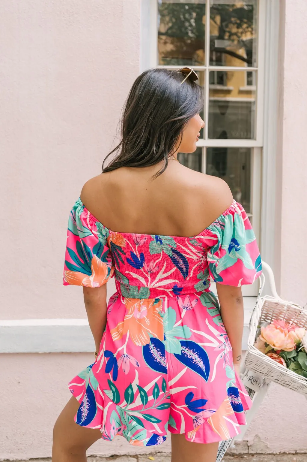 Pink Tropical Print Smocked Romper - FINAL SALE