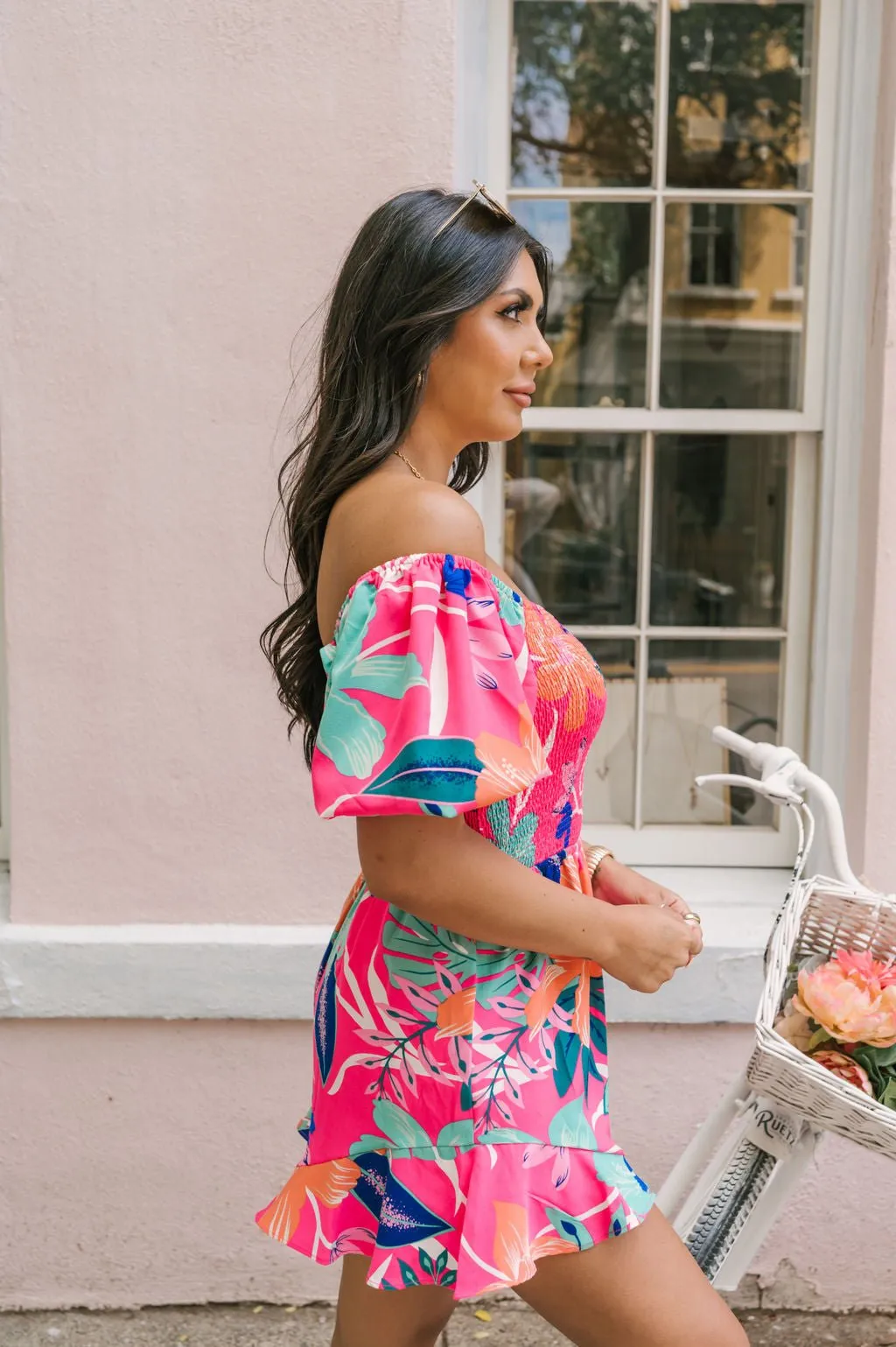 Pink Tropical Print Smocked Romper - FINAL SALE