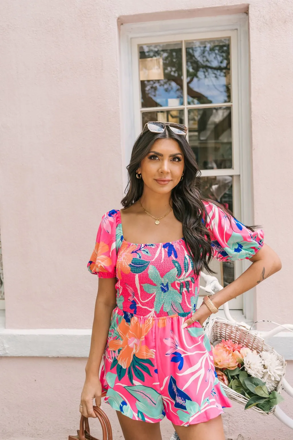 Pink Tropical Print Smocked Romper - FINAL SALE