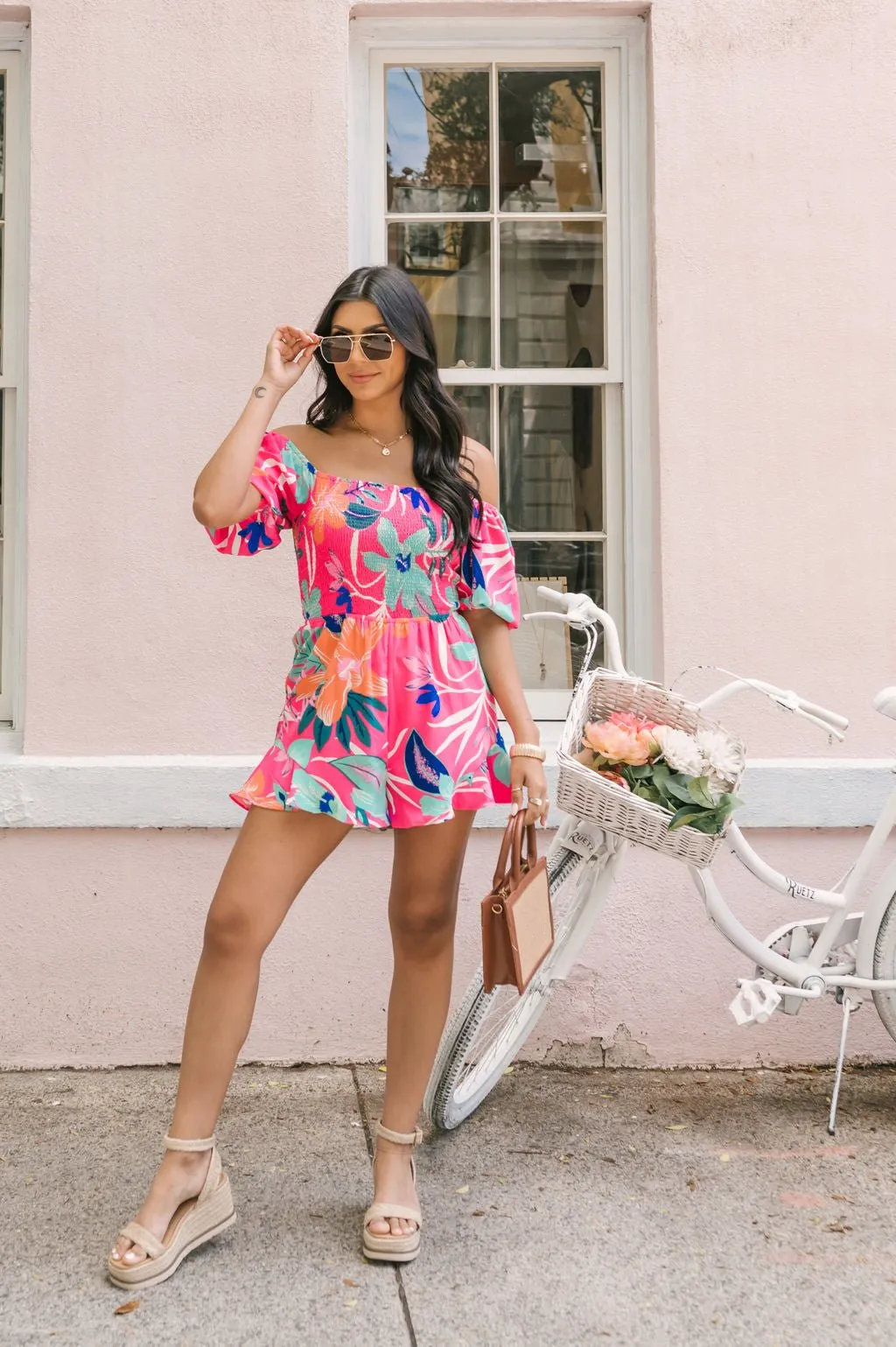 Pink Tropical Print Smocked Romper - FINAL SALE