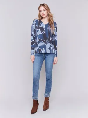 Printed Plush Knit V-Neck Sweater